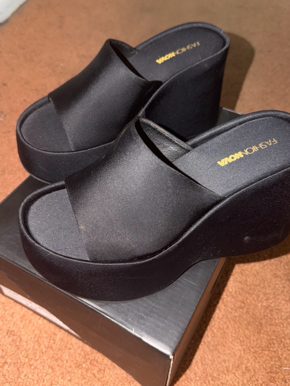 Fashion Nova Black Satin Platform Slide Wedges